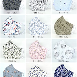 May include: Twelve different fabric face masks with various floral patterns. The masks are all white with different colored floral patterns. The masks are labeled with a number and a name.