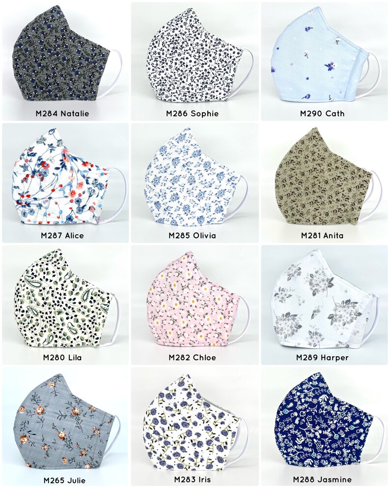 May include: Twelve different fabric face masks with various floral patterns. The masks are all white with different colored floral patterns. The masks are labeled with a number and a name.