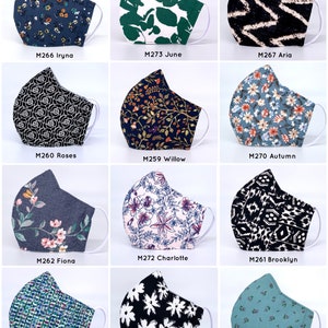 May include: Twelve different fabric face masks with various patterns, including floral, geometric, and abstract designs. The masks are all in a light blue, green, black, or gray color scheme.