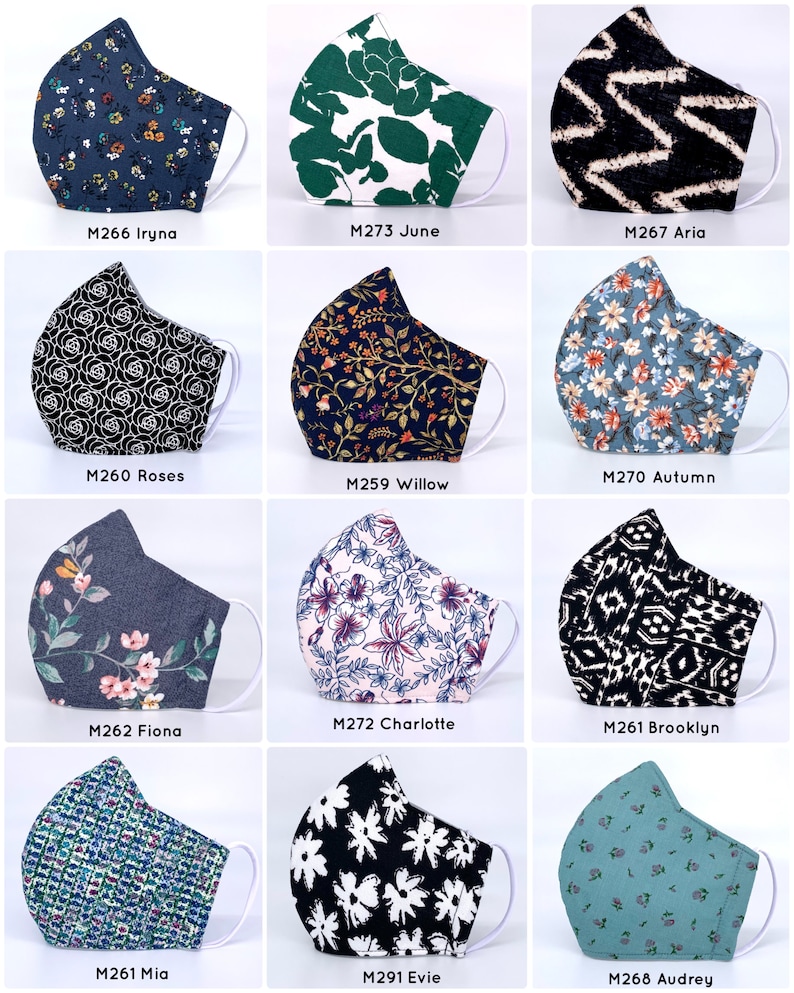 May include: Twelve different fabric face masks with various patterns, including floral, geometric, and abstract designs. The masks are all in a light blue, green, black, or gray color scheme.