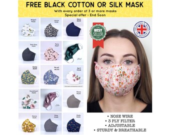 UK BREATHABLE Face Mask with Nose Wire with 3-Ply Built-in Filter, Adjustable Straps, Soft & Comfy, Washable Premium Fabric - C1