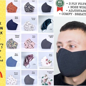 May include: A collage of 12 different face masks with various patterns and colors. The masks are all 3-ply with adjustable nose wires. The text "FREE BLACK COTTON OR SILK MASK" is in the top left corner. The text "With every order of 3 or more masks Special offer - End Soon" is in the bottom left corner. The text "3 PLY FILTER, NOSE WIRE, ADJUSTABLE, COMFY - BREATHABLE" is in the top right corner.