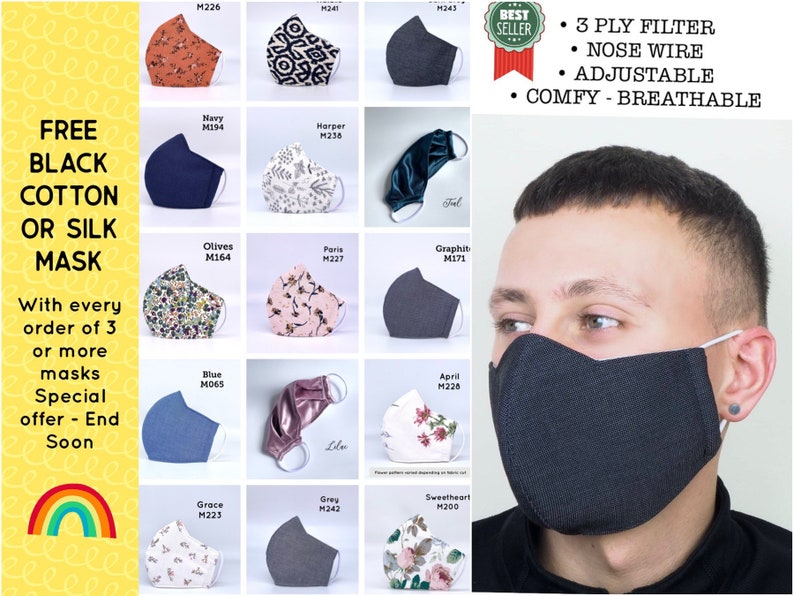 May include: A collage of 12 different face masks with various patterns and colors. The masks are all 3-ply with adjustable nose wires. The text "FREE BLACK COTTON OR SILK MASK" is in the top left corner. The text "With every order of 3 or more masks Special offer - End Soon" is in the bottom left corner. The text "3 PLY FILTER, NOSE WIRE, ADJUSTABLE, COMFY - BREATHABLE" is in the top right corner.