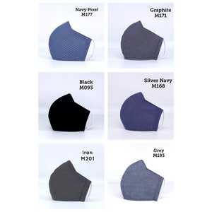 May include: Six different colored face masks with the model number and color name printed above each mask. The masks are all the same style and have a textured fabric.