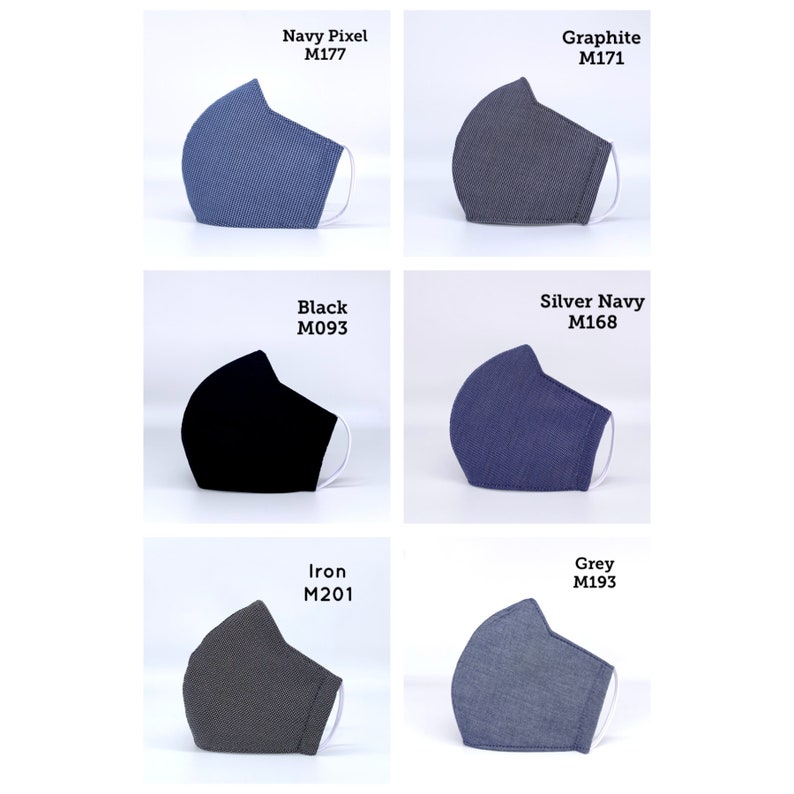 May include: Six different colored face masks with the model number and color name printed above each mask. The masks are all the same style and have a textured fabric.