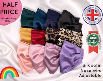 Silk Face Mask with Nose Wire Same day Dispatch UK - Adjustable Straps, Soft and Comfy, Washable Silk Mask - Pleated