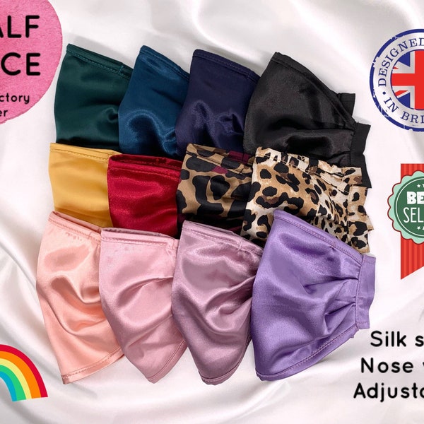 Silk Face Mask with Nose Wire Same day Dispatch UK - Adjustable Straps, Soft and Comfy, Washable Silk Mask - Pleated