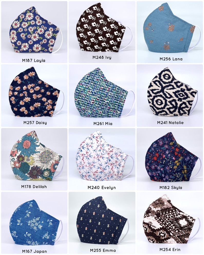 May include: Twelve different fabric face masks with various patterns, including floral, geometric, and abstract designs. Each mask is labeled with a unique code and name, such as "M248 Ivy" and "M257 Daisy".