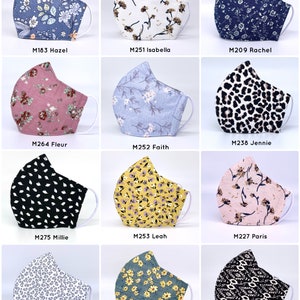May include: Twelve different fabric face masks with various patterns, including floral, animal print, and geometric designs. Each mask is labeled with a unique code, such as M183 Hazel, M251 Isabella, and M209 Rachel.