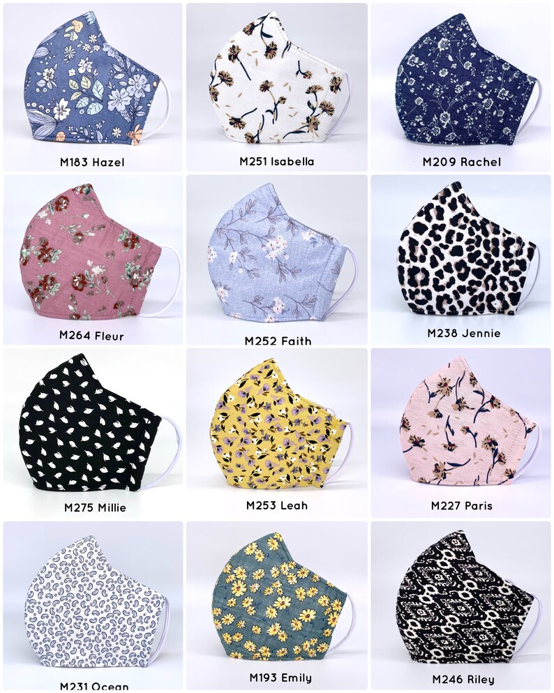 May include: Twelve different fabric face masks with various patterns, including floral, animal print, and geometric designs. Each mask is labeled with a unique code, such as M183 Hazel, M251 Isabella, and M209 Rachel.