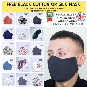 UK Face Mask with Nose Wire BREATHABLE with 3-Ply Built-in Filter, Adjustable Straps, Soft & Comfy, Washable Premium Fabric - Adult