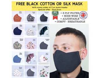 UK gezichtsmasker met neusdraad ADEMEND met 3-laags ingebouwd filter, verstelbare bandjes, zacht en comfortabel, wasbare premium stof - volwassenen