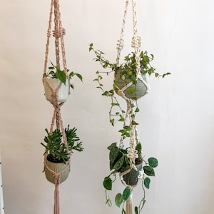 Könnte beinhalten: Zwei Makramee-Pflanzenhänger mit Holzringen, jeder mit zwei Topfpflanzen. Der linke Hänger ist rosa und der rechte ist weiß.