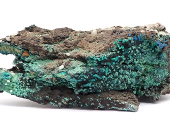 May include: A rough, dark brown rock with green and blue mineral deposits. The rock has a layered appearance and is covered in small, irregular bumps.