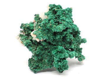 May include: A vibrant green malachite mineral specimen with a textured, crystalline surface. The mineral has a layered appearance with patches of white. The specimen is set against a white background.