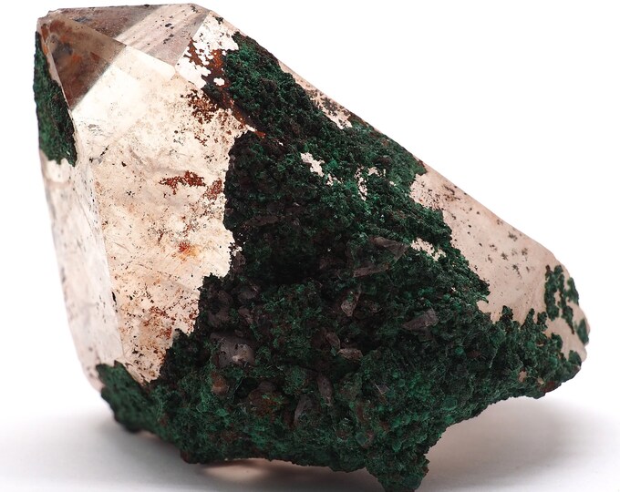 Quartz point with Malachite 75mm x 60mm (159 grams). Special find! Pure energy. Fair trade crystals and minerals. Ethically sourced.