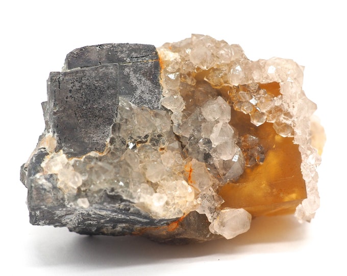 Fluorite with quartz and galena 100mm x 60mm (473 grams). Ethically sourced and fair trade mineral. Clear fluorite. From mine to market.