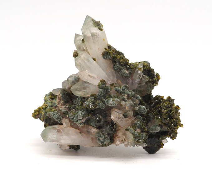 Epidote with quartz 80mm x 65mm (134 grams). Ethically sourced and fair trade mineral. Exclusive piece.