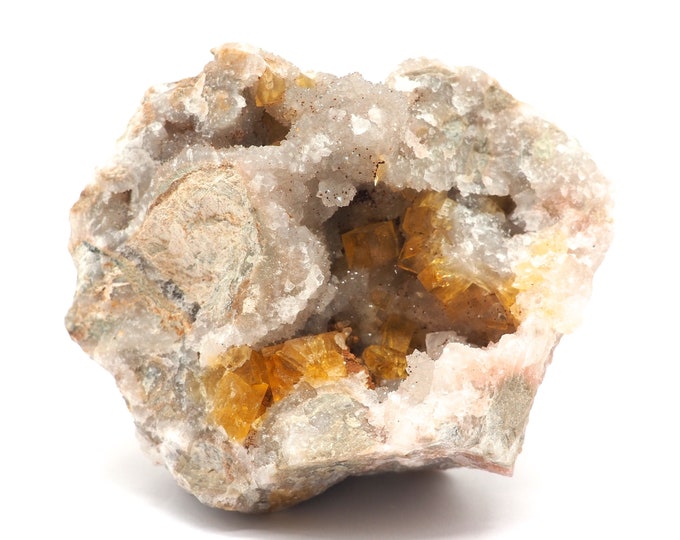 Fluorite with quartz 85mm x 80mm (442 grams). Ethically sourced and fair trade mineral. Bright yellow fluorite. From mine to market.