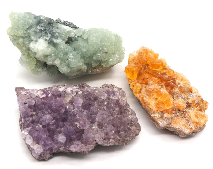 3 pieces collection +/- 60-70 mm Amethyst, Prehnite, Fluorite. Ethically sourced and fair trade minerals.
