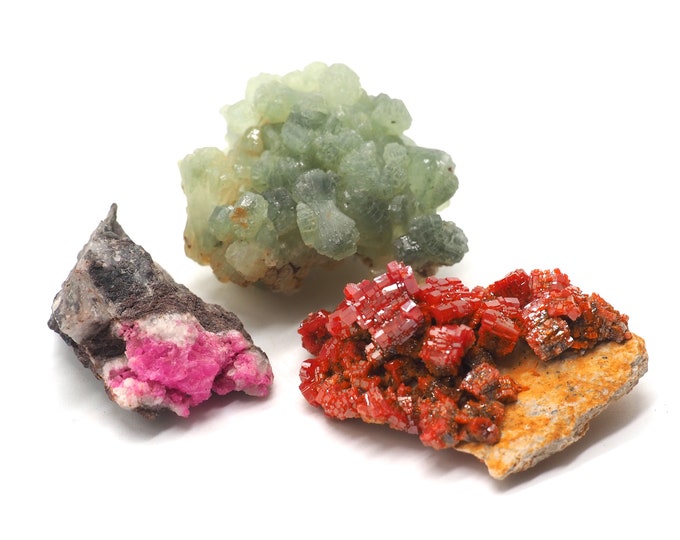 3 pieces collection +/- 30-40mm Cobalto Calcite, Prehnite, Vanadinite. Ethically sourced fair trade minerals.