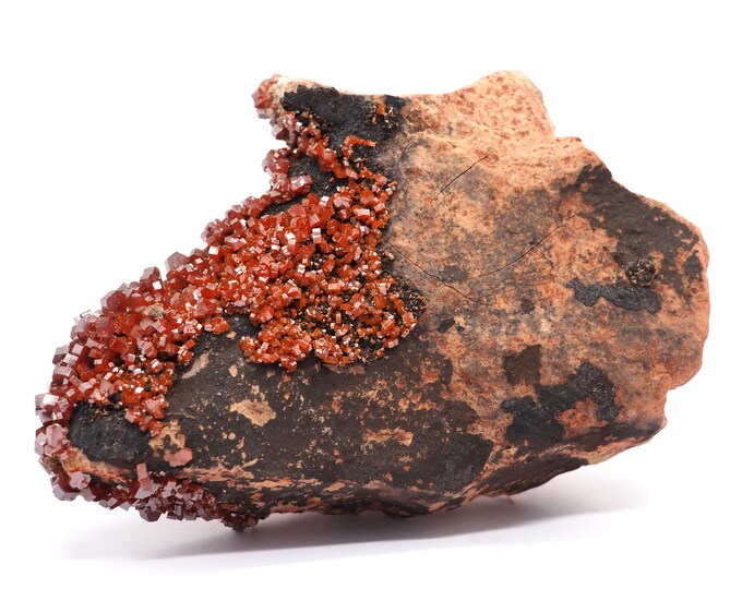 Vanadinite 130mm x 85mm (377 grams). Ethically sourced and fair trade mineral. Vanadinite crystals. Pure energy, direct from the miner.
