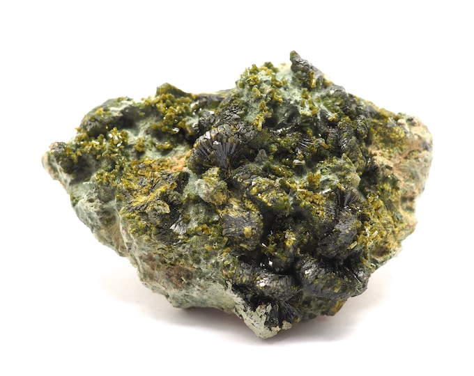 Epidote with quartz 75mm x 55mm (81 grams). Ethically sourced and fair trade mineral.