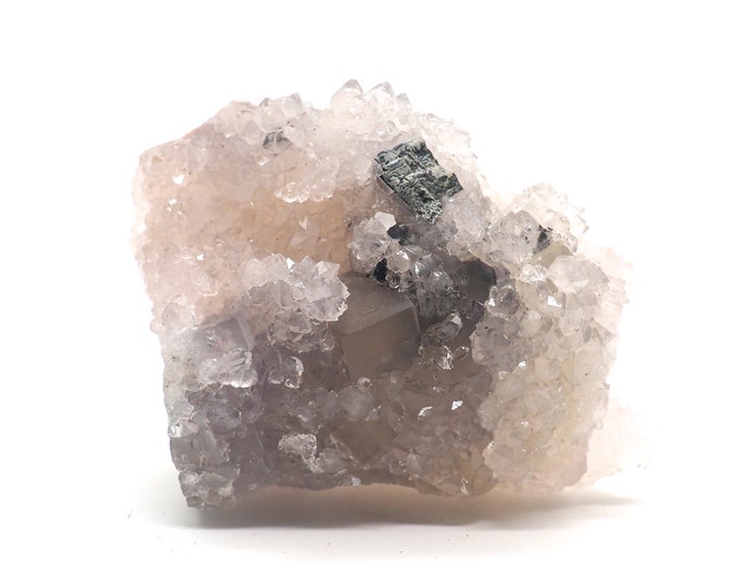 Fluorite with rock crystal and Galenite 70mm x 50mm (100 grams). Fair trade crystals and minerals. Ethically sourced.