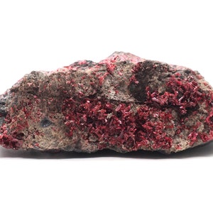May include: A rough, gray rock formation with vibrant, deep red crystal clusters. The crystals are densely packed and create a striking contrast against the muted gray base. The mineral specimen is displayed against a white background.