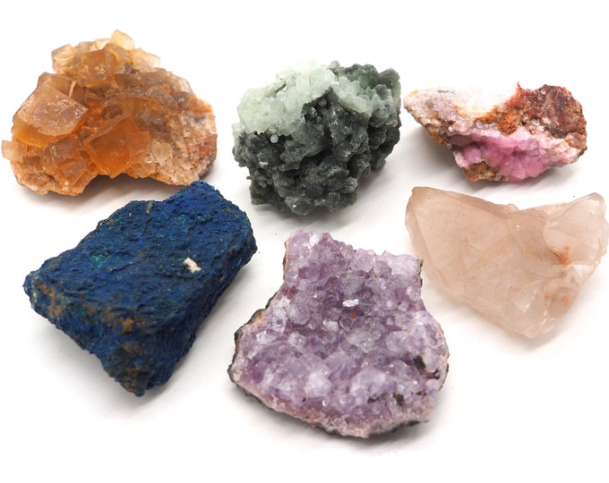 6 pieces collection +/- 40-50mm Amethyst Azurite Fluorite Cobalt Calcite Prehnite Rock Crystal. Ethically sourced and fair trade minerals.