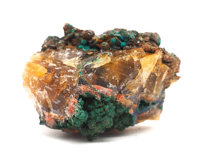 Malachite chrysocolla fluorite 60mm x 45mm (131 grams). Ethically sourced and fair trade mineral.