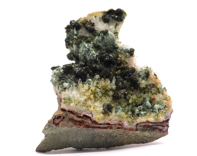 Epidote with rock crystal 75mm x 70mm (94 grams). Good quality. Ethically sourced and fair trade mineral. Special find. Pure energy