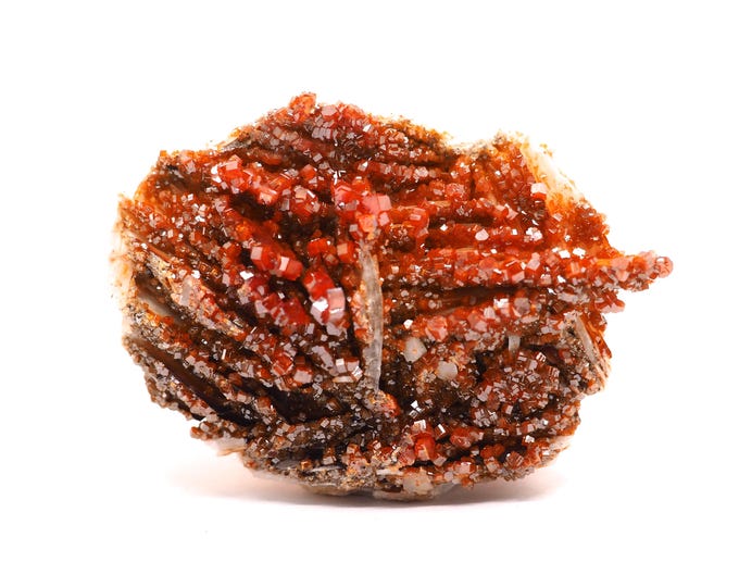 Vanadinite Barite 50mm x 35mm (99 grams). Bright red crystals on barite. Ethically sourced and fair trade mineral. Morocco, Mibladen.