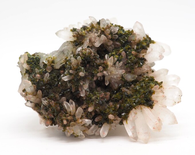 Epidote with quartz points 90mm x 70mm (230 grams). Ethically sourced and fair trade mineral. Exclusive piece.