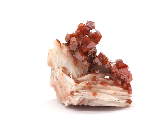 Vanadinite Barite 35mm x 35mm (35 grams). Bright red crystals on barite. Ethically sourced and fair trade mineral. Morocco, Mibladen.