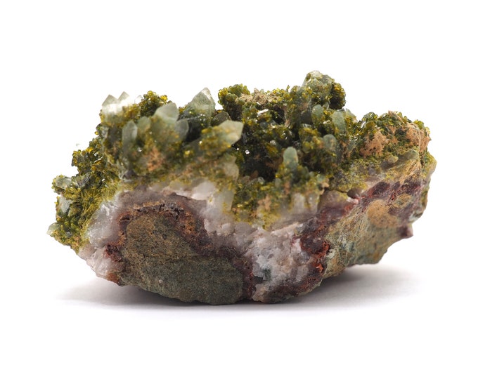 Epidote with quartz 60mm x 35mm (64 grams). Ethically sourced and fair trade mineral.