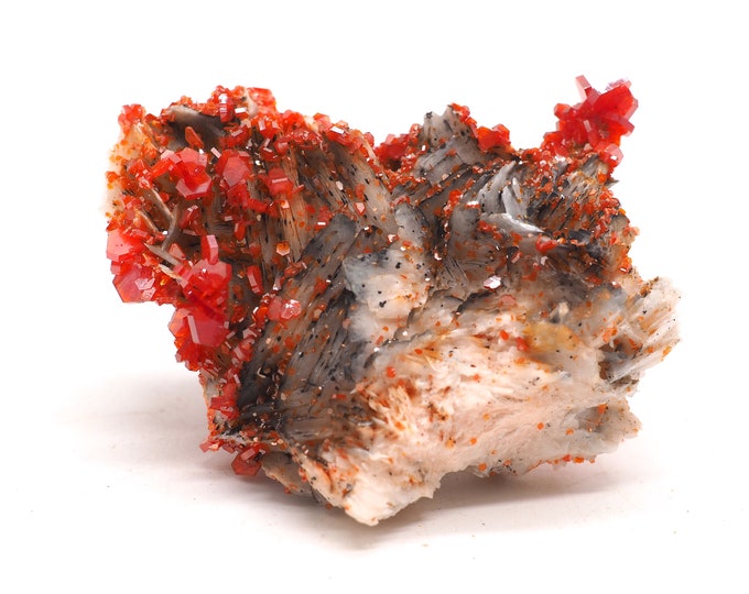 Bright pure red Vanadinite on Barite 65mm x 60mm (112 grams). Ethically sourced and fair trade mineral.