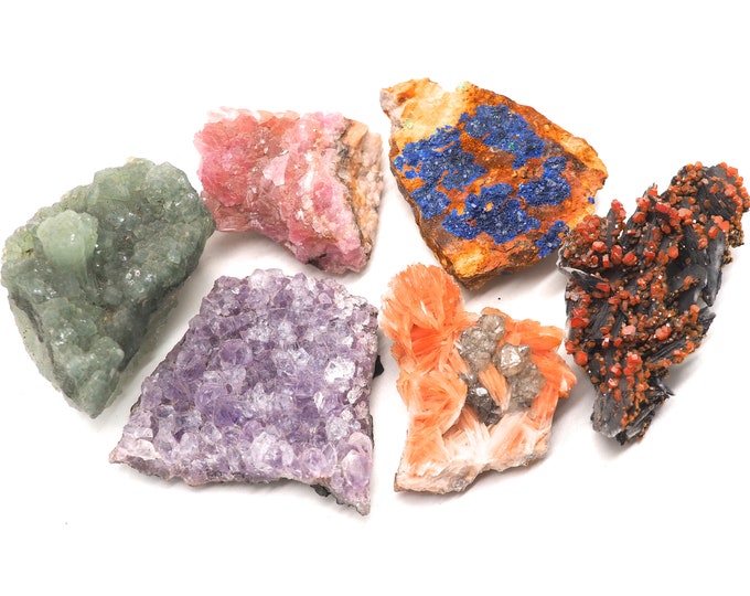 6 pieces collection +/- 40-50 mm Amethyst Azurite Cerussite Barite Cobalto Calcite Prehnite Vanadinite. Ethically sourced fair trade mineral.