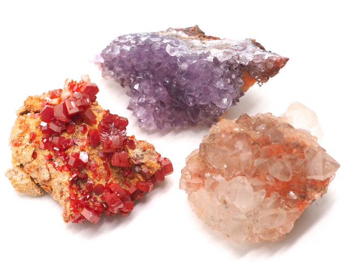 3 pieces collection +/- 40-50 mm Amethyst, Rock Crystal, Vanadinite. Ethically sourced and fair trade mineral.