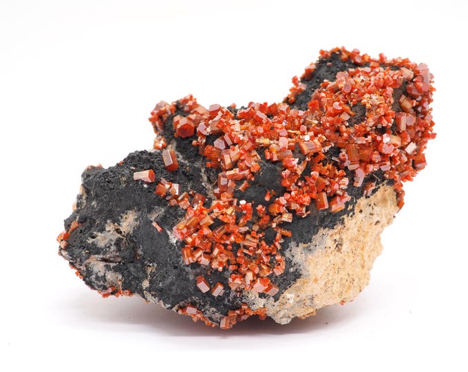 Vanadinite 110mm x 70mm 469g. Vanadinite crystals in bunches. Ethically sourced fair trade mineral. Pure energy, direct from the miner.