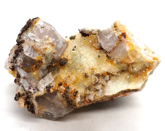Pyrite and quartz on white crude fluorite 75 mm x 50 mm (110 grams)