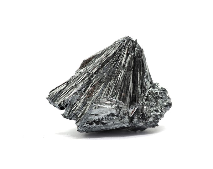 Stibine (Pyrolusite stibnite) 30mm x 25mm (11 grams). Pure Stibine. Silver grey. Point. Fair trade crystal minerals. Ethically sourced.