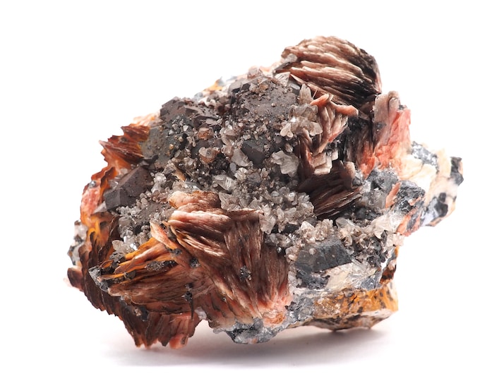 Cerussite Barite Galena Garnet 100mm x 75mm - 534gram. Ethically sourced and fair trade mineral from Morocco. Pure energy. Colorful.