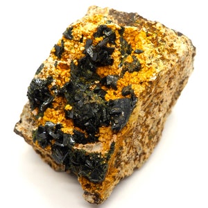 May include: A close-up of a mineral specimen featuring a rough, tan-colored matrix. The matrix is speckled with small, golden-yellow crystals and clusters of dark, black, crystalline structures. The mineral has a natural, earthy appearance.