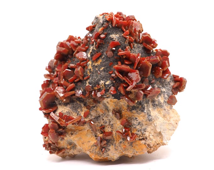 Vanadinite 85mm x 80mm (296gr). Vanadinite crystals on matrix. Special find. Ethically sourced fair trade mineral. Morocco, Mibladen.