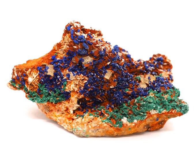 Azurite malachite fluorite barite 75mm x 50mm (90 grams). Rare find. Azurite crystals. Good quality. Fair trade. Morocco!