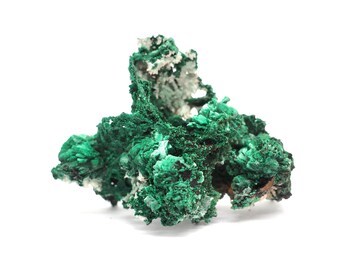 May include: A vibrant green malachite mineral specimen with a textured, crystalline structure. The mineral has a layered appearance with areas of lighter green and white. The specimen is set against a clean white background.
