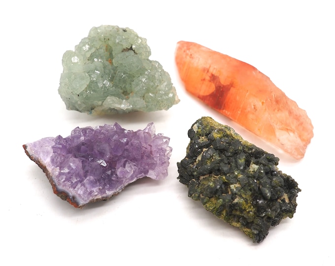 4 pieces collection +/- 30-50 mm Amethyst, Epidote, Prehnite, Rock Crystal. Ethically sourced and fair trade mineral.