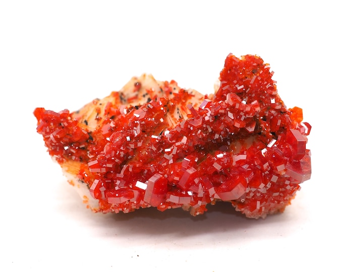 Vanadinite Barite 50mm x 35mm (53 grams). Bright red Vanadinite crystals on Barite. Top quality. Ethically sourced fair trade mineral.