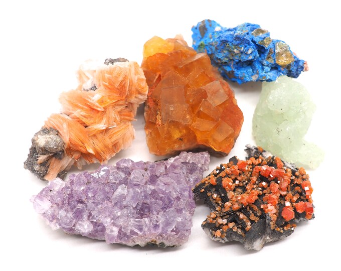 6 pieces collection +/- 30-50 mm Amethyst Azurite Cerussite Barite Fluorite Prehnite Vanadinite. Ethically sourced and fair trade mineral.